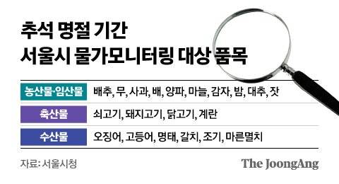 추석 명절 기간 서울시 물가모니터링 대상 품목. 그래픽 신재민 기자