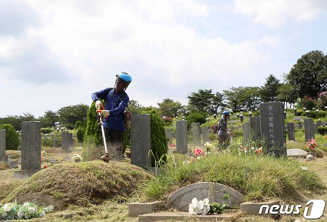 (울산=뉴스1) 윤일지 기자 = 추석을 앞둔 25일 오후 울산 남구 울산공원묘원에서 작업자들이 예초기로 묘소와 주변의 풀을 정리하고 있다. 2022.8.25/뉴스1  Copyright (C) 뉴스1. All rights reserved. 무단 전재 및 재배포 금지.