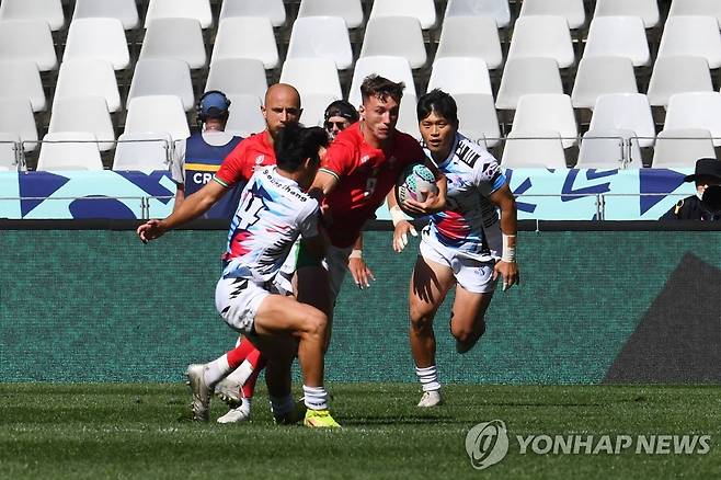 경기를 펼치는 한국과 웨일스 7인제 럭비대표팀 [AFP=연합뉴스]