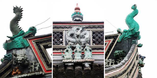 주가각 성황묘 대전인 성황전 지붕의 삼성신(가운데)과 오어. ⓒ최종명