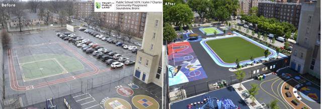아이칸 차터 학교의 공사 전후를 비교한 사진입니다. 녹지, 투수성 아스팔트 등 빗물이 스밀 수 있는 공간이 늘어난 게 눈에 띕니다. 뉴욕시청 제공