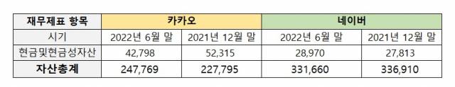 카카오와 네이버의 재무제표 갈무리./각 사 사업보고서