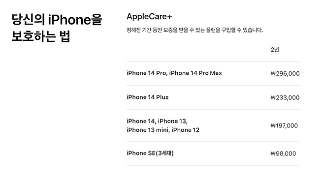 애플케어 플러스 국내 판매가가 전반적으로 인상됐다. 환율을 반영한 가격 조정으로 보인다. 출처=애플 홈페이지 캡처