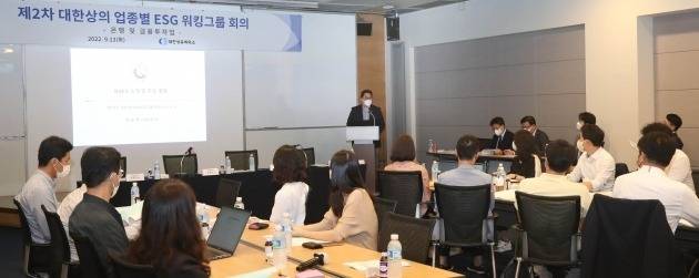 13일 서울 대한상의 회관에서 열린 제2차 ESG 워킹그룹회의에서 참가자들이 금융사의 ESG 경영에 관해 논의하고 있다. /대한상의 제공