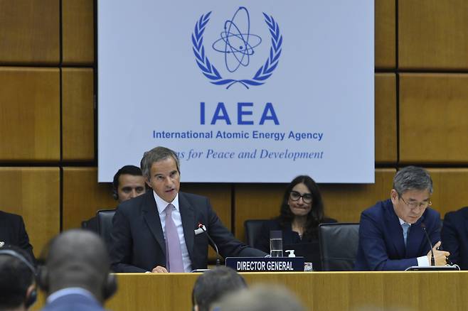 Rafael Mariano Grossi, IAEA Director General, delivers his statement at the 1637th Board of Governors meeting held at the Agency headquarters in Vienna on Monday. (Dean Calma/IAEA)