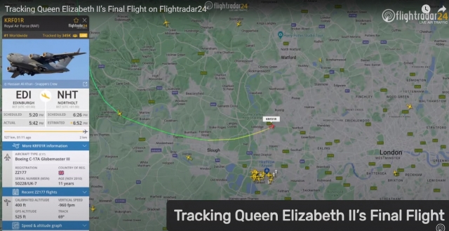 엘리자베스 2세의 시신을 운구 중인 영국왕립공군(Royal Air force)의 항공기가 목적지인 런던노솔트공항으로 향하고 있다. 플라이트레이더24 유튜브 채널.