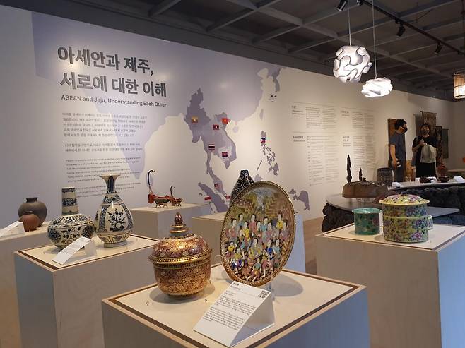 Handicrafts are on display at the opening exhibition of Jeju ASEAN Hall. (Yonhap)