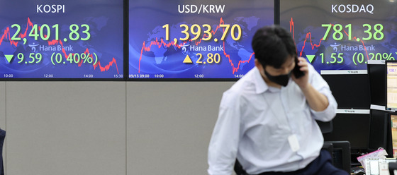 A screen in Hana Bank's trading room in central Seoul shows the Kospi closing at 2,401.83 points on Thursday, down 9.59 points, or 0.40 percent, from the previous trading day. [YONHAP]