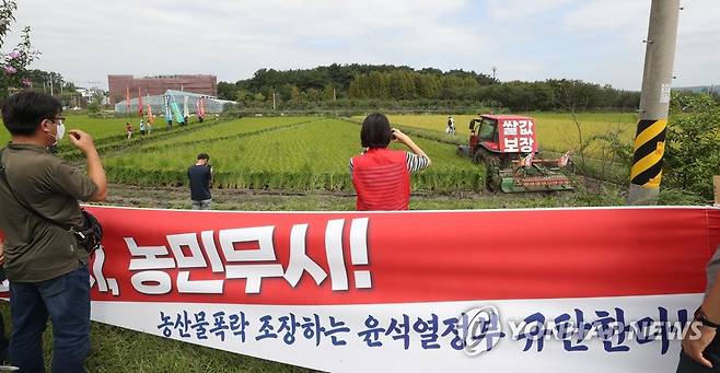 쌀값 폭락에 뿔난 농심…볏논 갈아엎는 농민 (함안=연합뉴스) 김동민 기자 = 15일 오전 경남 함안군 가야읍 묘사리 한 논에서 농민이 농기계를 이용해 수확을 1개월여 앞둔 볏논을 갈아엎고 있다. 2022.9.15 image@yna.co.kr