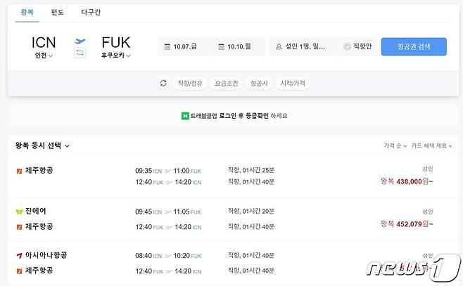 네이버 항공권 검색 결과