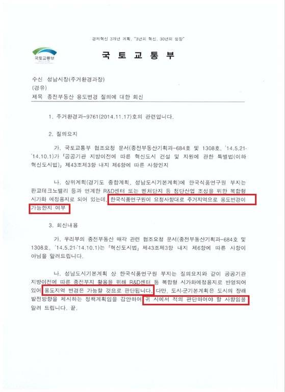 국토교통부가 2014년 12월 9일 성남시 백현동 한국식품연구원 소재지 부지 매각 관련 용도변경 건과 관련해 성남시청에 회신한 공문에는 '용도변경은 성남시가 적의 판단하라'는 내용이 담겨 있다. 사진 국민의힘 박정하 의원실 제공