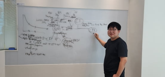 이장원 콘텐츠테크놀로지스 대표가 화이트보드에 사업구조를 직접 그려가며 기업설명(IR)을 하고 있는 모습. / 허란 기자