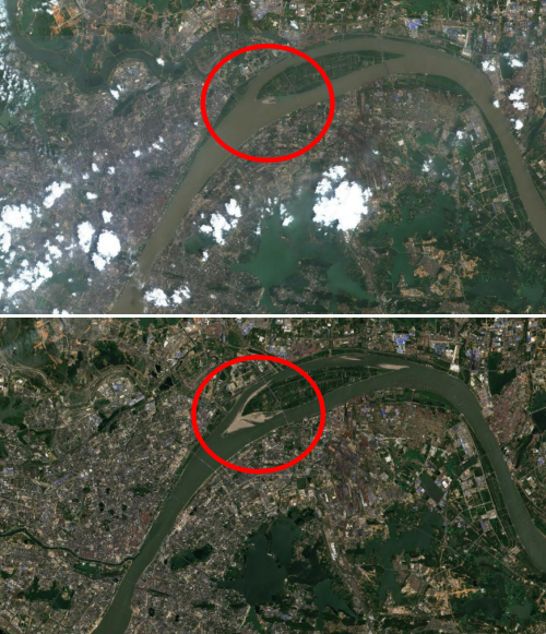 사진 위는 2021년 8월, 사진 아래는 2022년 8월 양쯔강 전역을 담은 위성 사진. 1년 만에 말라버린 강줄기가 선명하다