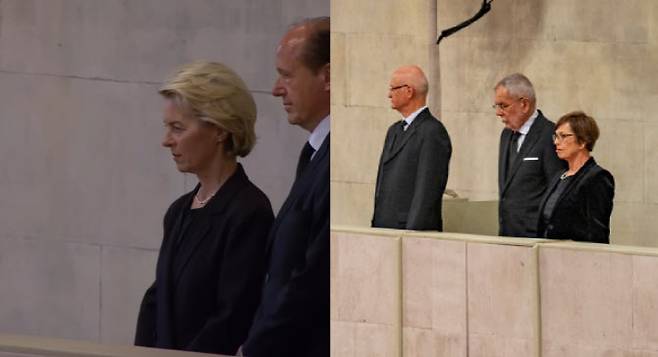 왼쪽 사진 여성이 우르술라 폰 데어 라이엔 EU 집행위원장. (영국 왕실 유튜브 채널 캡처), 오른쪽 사진 상단 가운데가 판 데어 벨렌 오스트리아 대통령(사진=영국 의회 트위터). 두 사람 모두 19일(현지시간) 웨스트민스터궁에 안치된 고인을 찾아 조문했다.