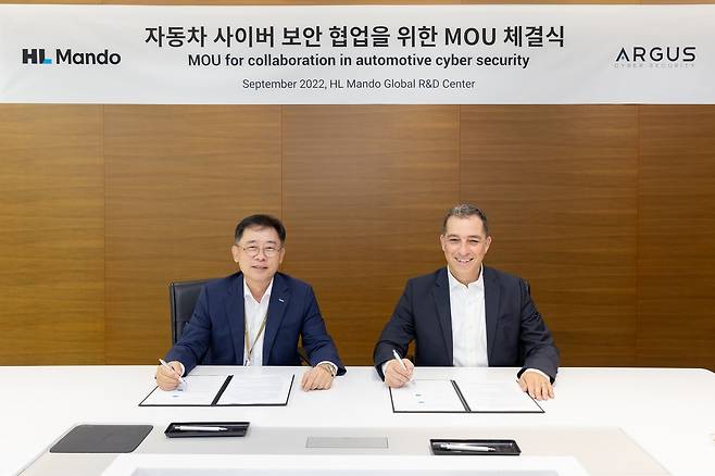 조성현 HL만도 CEO(왼쪽)와 로넨 스몰리 아르거스 CEO(오른쪽)가 협약을 체결하고 있다.