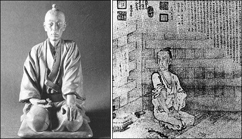 사진 왼쪽은 일본 교토(京都)대학 부속 도서관에 소장돼 있는 요시다 쇼인상(像). 오른쪽은 1854년 3월 시모다(下田) 감옥에 수감됐다가 6개월 후 하기(萩)의 野山獄으로 이감된 요시다 쇼인의 모습을 담은 그림/월간조선 제공