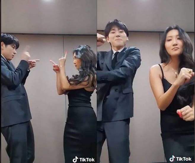 지코의 '아무노래챌린지'. 블락비 멤버 지코와 마마무 멤버 화사가 영상에서 아무노래 춤을 추고 있다, 출처=지코 틱톡 계정