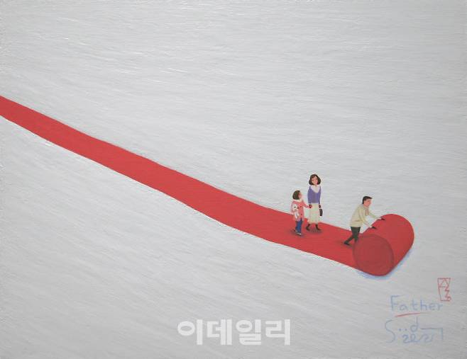 이수동의 ‘파더’(Father·2021·31.8×40.9㎝). 흰 눈이 스키장처럼 내려앉은 ‘험한’ 세상에 아내와 딸을 위해 레드카펫을 깔아주는 아빠가 보인다. 이수동 작가는 “내가 못했던 것, 안 했던 것을 그림으로 한다”며 멋쩍게 웃었다(사진=노화랑).