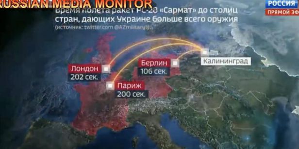 러시아 국영방송 로씨야1에서 공개한 사르마트 핵미사일 공격 시뮬레이션