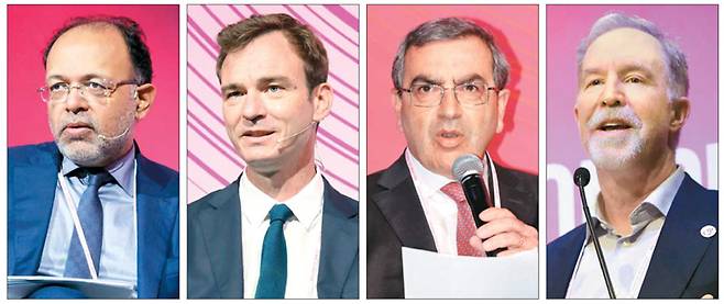 가우탐 쿰라 맥킨지 아시아 회장, 앙리 드브랑슈 JP모건 아태지역 ESG 총괄이사, 카르미네 디 노이아 OECD 재무국 디렉터, 더그 레이 카본엔지니어링 부사장(왼쪽부터)이 지난 20~22일 열린 제23회 세계지식포럼에서 기후변화 대응방안에 대해 의견을 밝히고 있다. [이충우 기자]