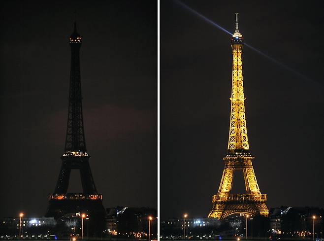 프랑스 파리 에펠탑이 소등된 모습(왼쪽)과 평상시 조명이 켜진 모습. AFP연합뉴스