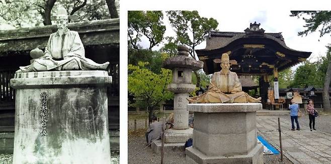 도요토미 히데요시를 배양한 도요쿠니신사 앞 동상과 코무덤 조성 배경이 적힌 비석. 전경수 교수 발표문