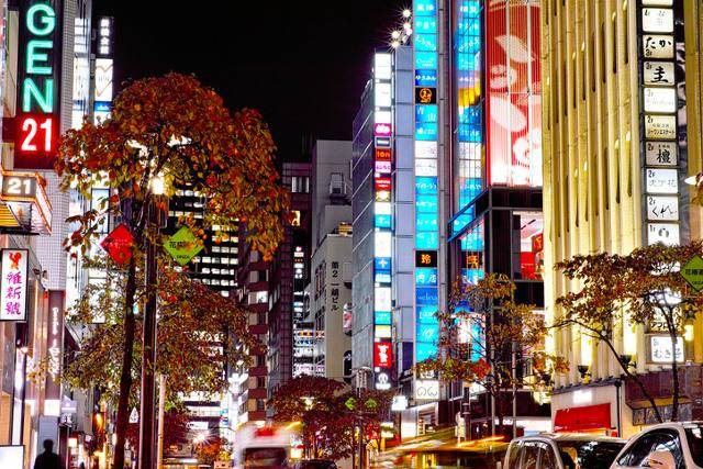 일본 도쿄의 번화가 긴자의 밤 거리 모습. 우측에 화려한 유흥업소 간판들이 보인다. 게티이미지뱅크