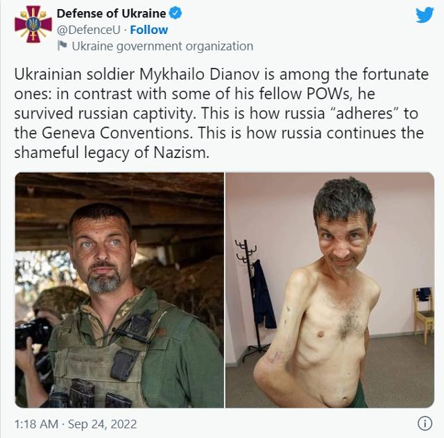 우크라이나 병사 미하일로 디아노프가 러시아 포로로 붙잡히기 전(왼쪽)과 최근 송환된 직후의 모습. 우크라이나 국방부 트위터