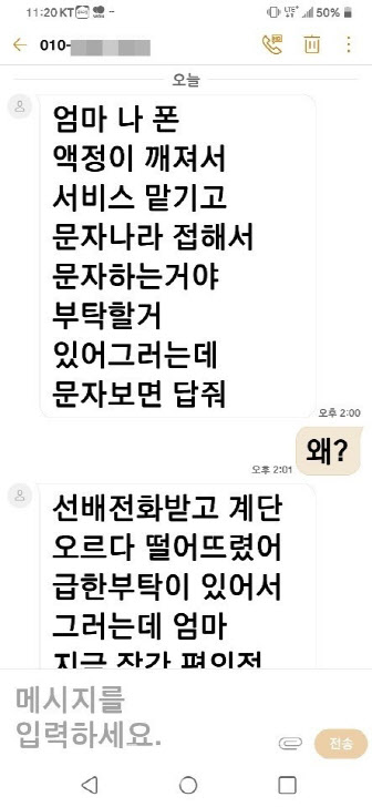 신원불상의 인물이 피해자의 자녀를 사칭해 금전을 요구하고 있는 메시지 캡처화면.(사진=독자제공)