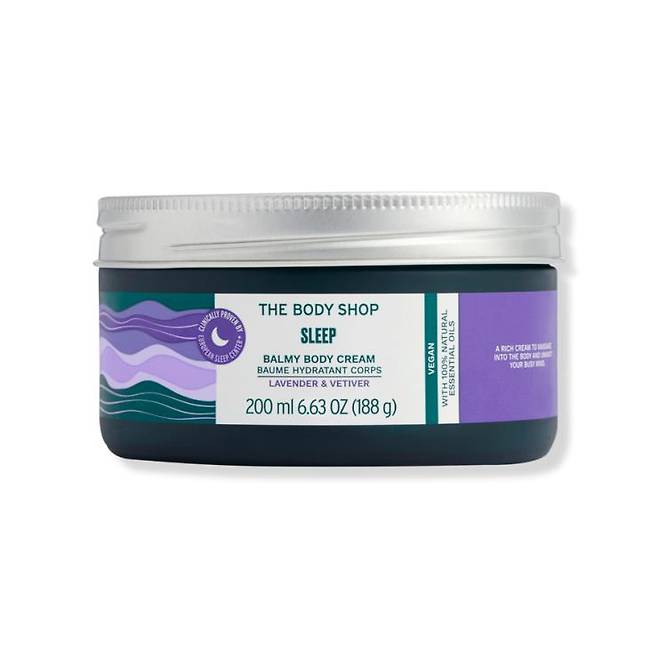 더바디샵 슬립 바미 바디 크림 - 프랑스산 라벤더 에센셜 오일, 마다가스카르산 베티버 에센셜 오일이 편안하고 빠르게 잠들게 한다. 200mL 4만9천원.