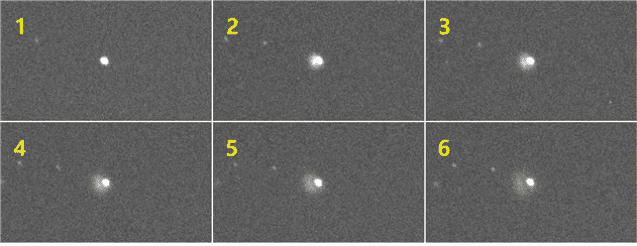 다트 탐사선 충돌 전후 촬영한 영상. 1번은 충돌 직전의 소행성 디모포스, 2-6번은 충돌 직후 먼지가 분출되는 모습을 볼 수 있다. (사진=천문연)