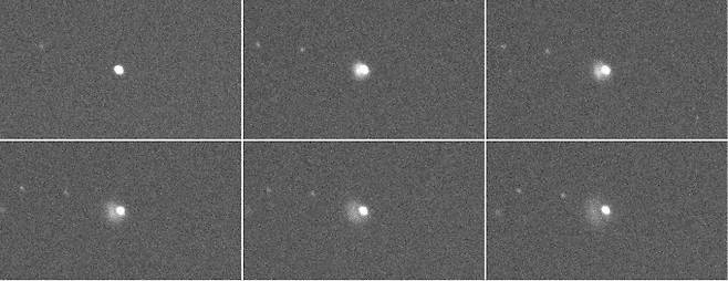 미국항공우주국(NASA)의 다트(DART) 우주선이 소행성 디모르포스에 충돌하는 순간을 우주물체 전자광학 감시네트워크(OWL-Net)로 관측한 모습. 천문연 제공