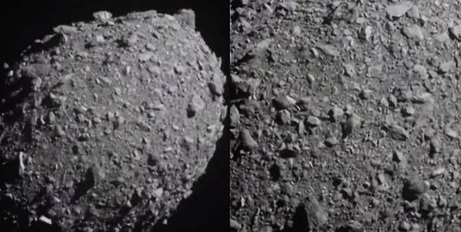 DART 우주선이 마지막으로 촬영한 디모르포스(Dimorphos)의 전경(왼쪽)과 충돌 직전 최후의 사진. 사진=NASA/Johns Hopkins University APL
