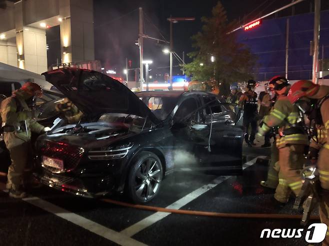 29일 오후 9시16분께 대전 서구 도안동 한 아파트 단지 내 주차돼있던 차량에 불이 났다. (독자 제공.)