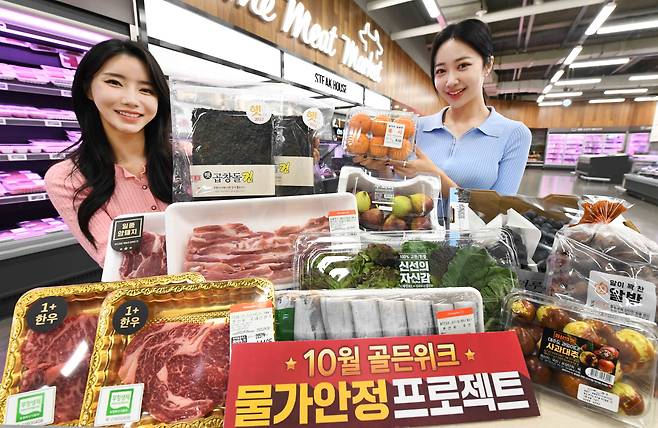 모델들이 29일 서울 등촌동 홈플러스 강서점에서 '골든위크 물가안정 프로젝트' 행사 상품을 선보이고 있다./뉴스1