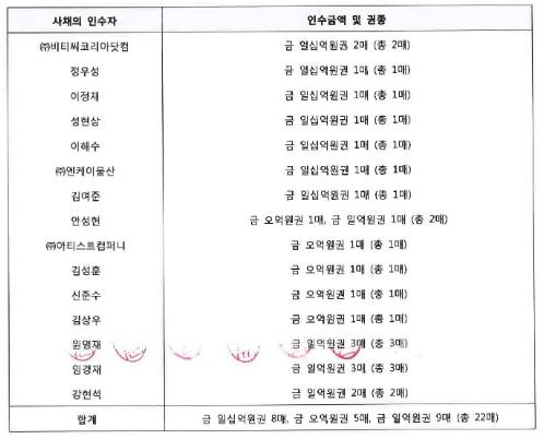 2017년 10월 13일 비덴트 이사회 회의록에 기재된 전환사채 인수자 명단. 정우성과 이정재가 각각 10억원씩 투자했음을 알 수 있다. /전자공시시스템