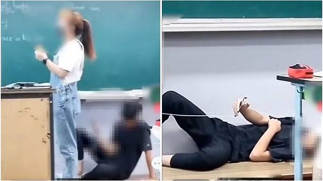 지난 8월 충남 홍성의 한 중학교에서 남학생이 수업 중인 교사 옆에 누워 스마트폰을 하고 있는 모습이 담긴 영상이 소셜미디어를 통해 유포됐다. /온라인 커뮤니티