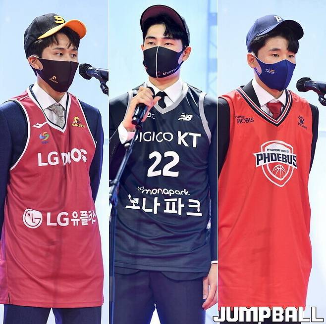 ▲ 사진 왼쪽부터 1순위 양준석(LG), 2순위 이두원(KT), 5순위 김태완(현대모비스)