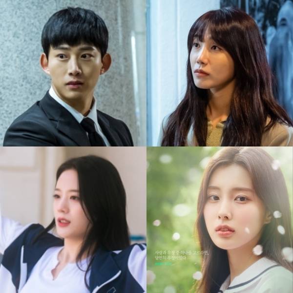 tvN ‘블라인드’에 출연 중인 배우 옥택연(왼쪽 위부터 시계방향), 정은지, 웨이브 오리지널 드라마 ‘청춘 블라썸’에 출연한 강혜원 그리고 SBS 새 월화극 ‘치얼업’에 출연하는 장규리. 사진 tvN, 웨이브, SBS