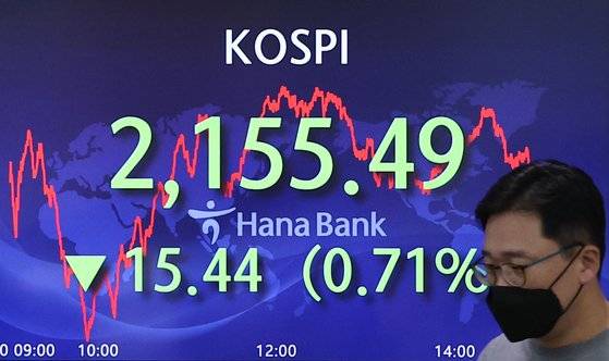 30일 코스피는 전날보다 0.71% 내린 2,155.49에 장을 마쳤다. 연합뉴스.