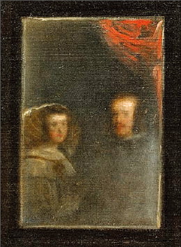 벨라스케스 ‘시녀들’ 세부. 거울에 펠리페 4세 국왕과 마리아나 왕비의 상반신이 흐릿하게 비친다.