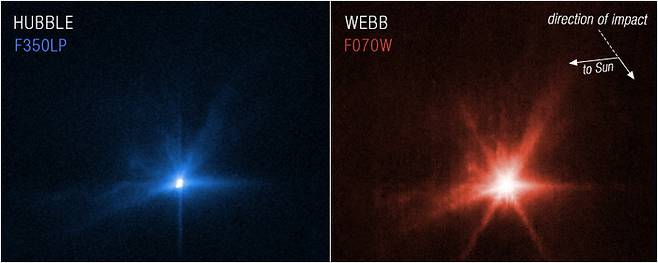미 항공우주국이 발사한 우주선이 소행성 디모르포스에 충돌하는 순간 섬광을 포착한 사진. 왼쪽은 허블, 오른쪽은 제임스웹 망원경으로 촬영됐다. /AFP연합뉴스