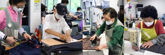 충북 청주 시니어클럽에 소속된 어르신들이 버려진 교복을 해체, 재단, 재봉하고 있다. 사진 리버드