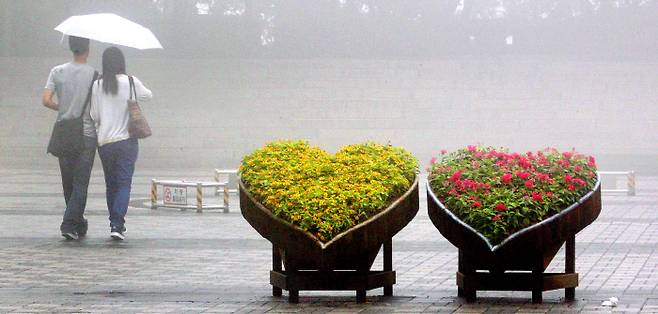 가을비가 내리던 서울 남산에서 연인 한 쌍이 우산을 쓰고 다정하게 걸어가고 있습니다. 예쁘게 가꾼 하트 모양 화분들이 이들 커플의 사랑을 응원해 주는 것 같습니다. 가을이 되면 외로움을 타는 사람들이 늘어난다고 합니다. 사랑하는 연인이나 친지들과 함께 올가을 멋진 추억을 만들어 보세요.[사진 = 김호영 기자]