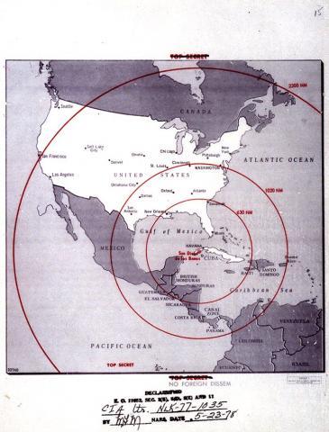 1962년 쿠바에 설치된 핵미사일 사정거리 [존F케네디 도서관·박물관 홈페이지 캡처. 재판매 및 DB 금지]