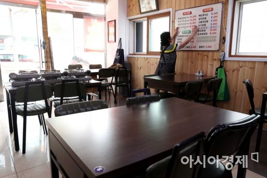 자영업자들이 물가 폭등으로 어려움을 겪고 있는 22일 서울 시내 한 식당에서 업주가 인상된 가격으로 메뉴판을 수정하고 있다. /문호남 기자 munonam@
