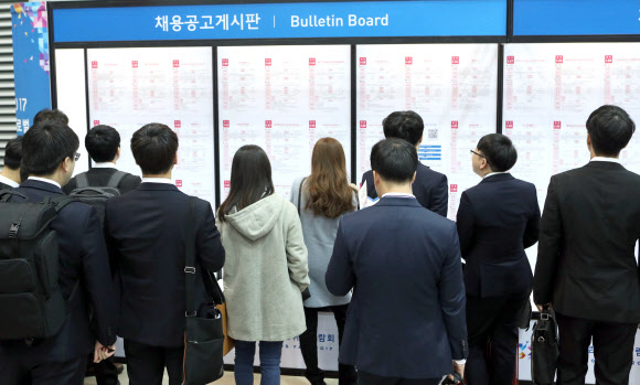 한 취업박람회에서 구직자들이 채용정보를 살펴보는 모습. 서울신문 DB
