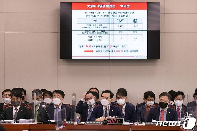 이창양 산업통상자원부 장관이 4일 오전 서울 여의도 국회에서 열린 산업통상자원중소벤처기업위원회 국정감사에서 이철규 국민의힘 의원이 질의한 문재인 정권 시절 태양광 발전과 관련된 답변을 하고 있다. (공동취재) 2022.10.4/뉴스1 ⓒ News1 허경 기자