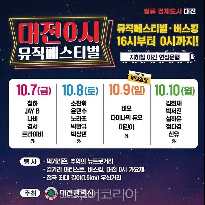 대전 0시 뮤직페스티벌 은행동·대흥동 일원 원도심에서 7~10일 열려