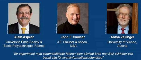 2022년 노벨물리학상은 양자 정보 과학을 발전시킨 아스페, 클라우저, 차일링거 박사에게 돌아갔다. [사진=노벨상위원회]
